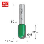 Trend C056AX1/2TC Trend CraftPro 1/2" TCT 9.5mm Radius Draining Groove Router Cutter, 19mm x 32mm