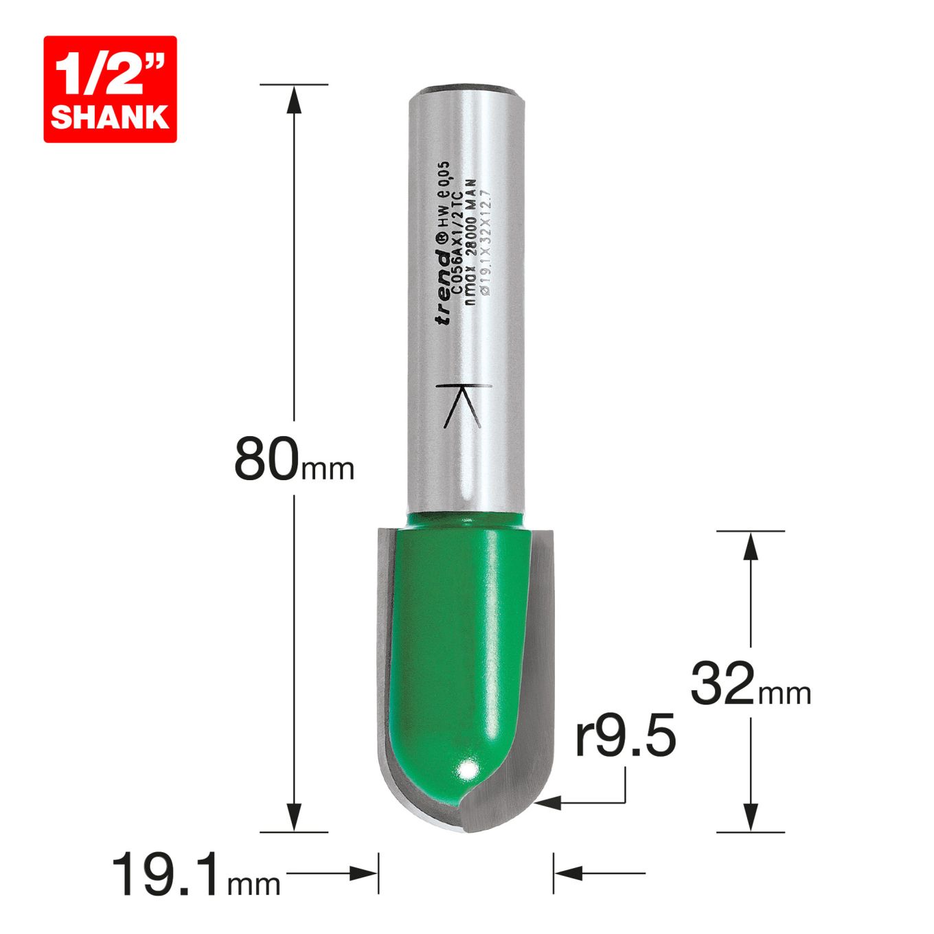 Trend C056AX1/2TC Trend CraftPro 1/2" TCT 9.5mm Radius Draining Groove Router Cutter, 19mm x 32mm